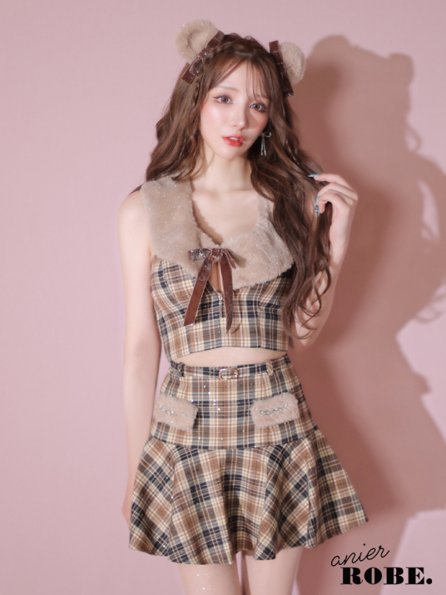 【XSサイズあり】Fluffy cute check bear setup mini dress (anier4044)