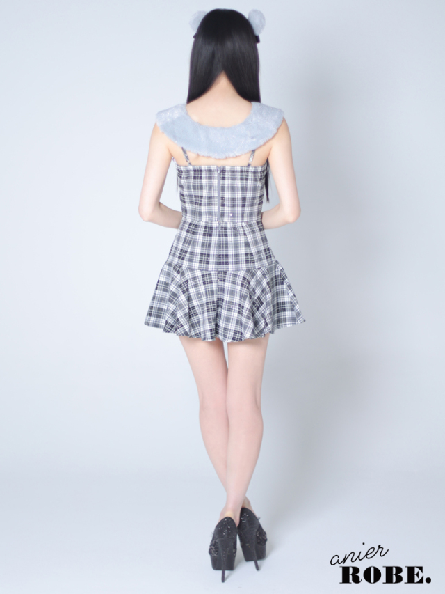 【XSサイズあり】Fluffy cute check bear setup mini dress (anier4044)