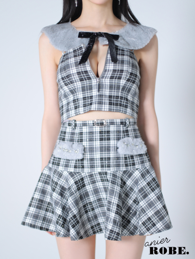 【XSサイズあり】Fluffy cute check bear setup mini dress (anier4044)