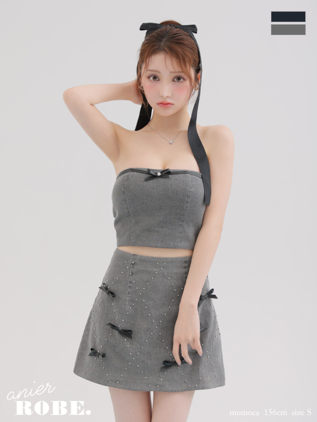 【XSサイズあり】Leather ribbon denim bare setup mini dress (anier4048)
