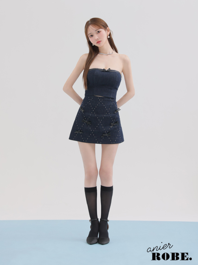 【XSサイズあり】Leather ribbon denim bare setup mini dress (anier4048)