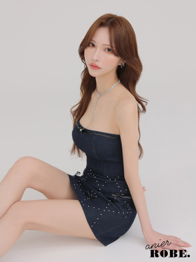 【XSサイズあり】Leather ribbon denim bare setup mini dress (anier4048)