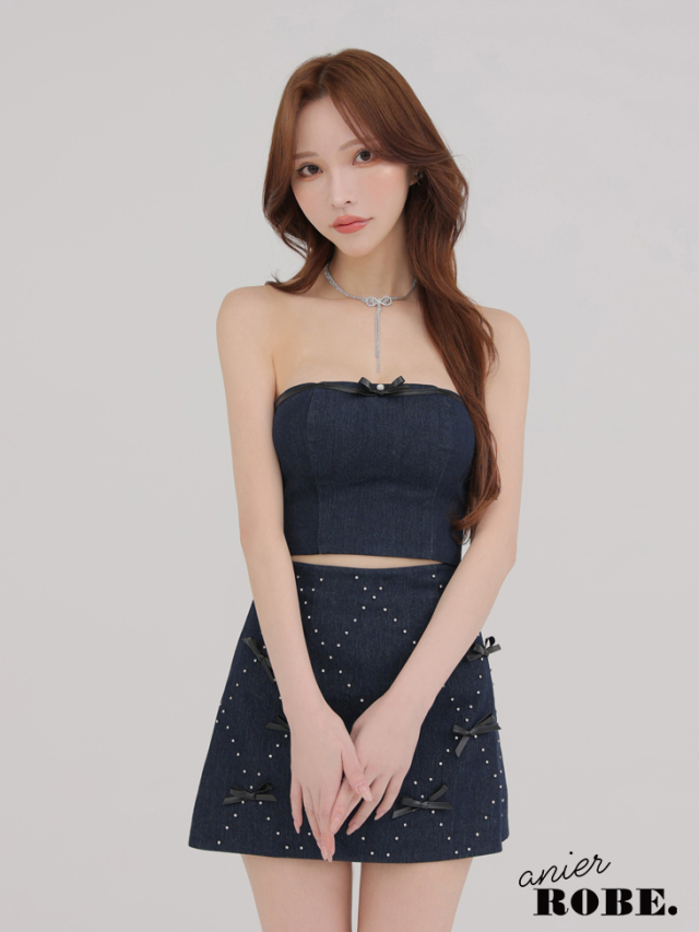 【XSサイズあり】Leather ribbon denim bare setup mini dress (anier4048)