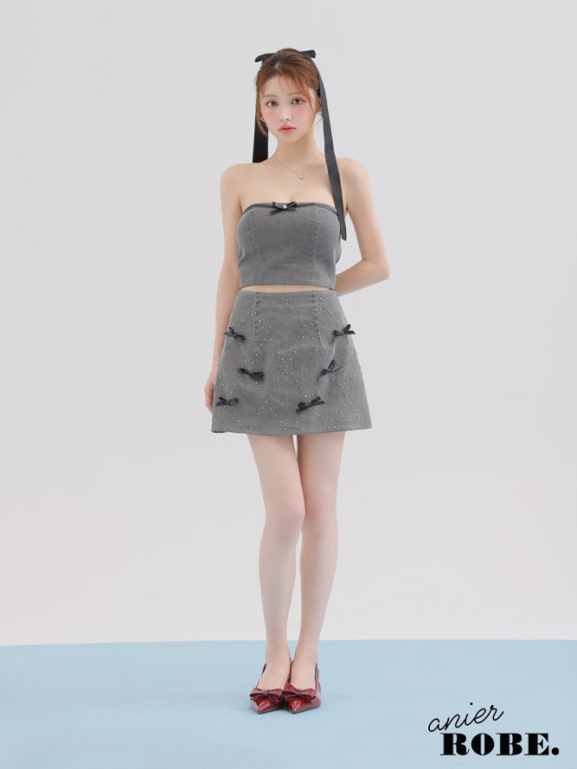 【XSサイズあり】Leather ribbon denim bare setup mini dress (anier4048)