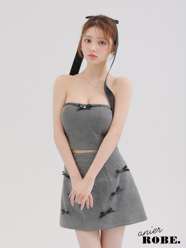 【XSサイズあり】Leather ribbon denim bare setup mini dress (anier4048)