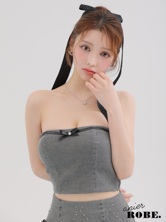 【XSサイズあり】Leather ribbon denim bare setup mini dress (anier4048)