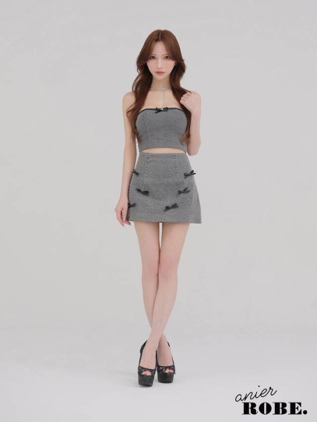 【XSサイズあり】Leather ribbon denim bare setup mini dress (anier4048)