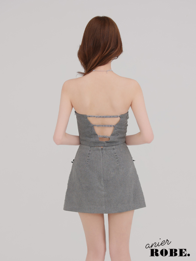 【XSサイズあり】Leather ribbon denim bare setup mini dress (anier4048)