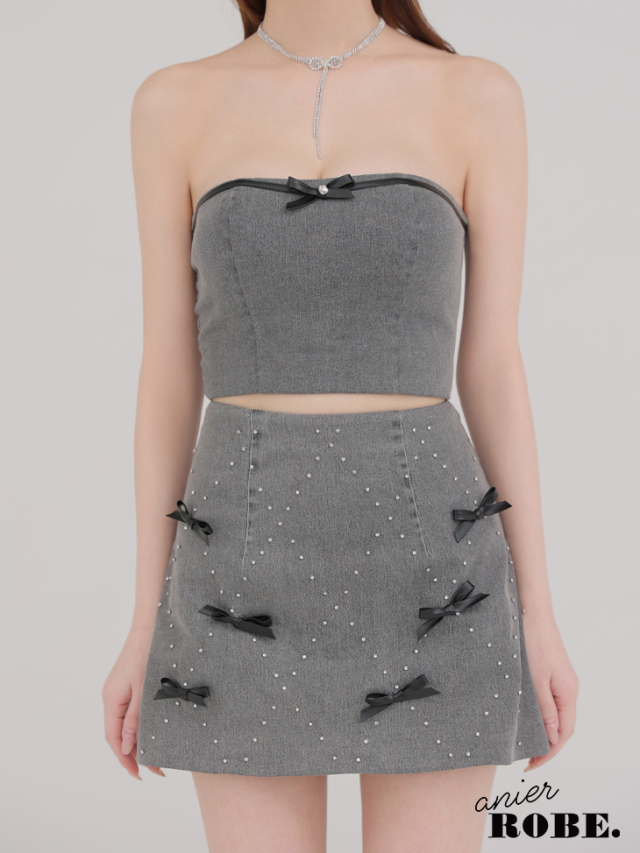 【XSサイズあり】Leather ribbon denim bare setup mini dress (anier4048)