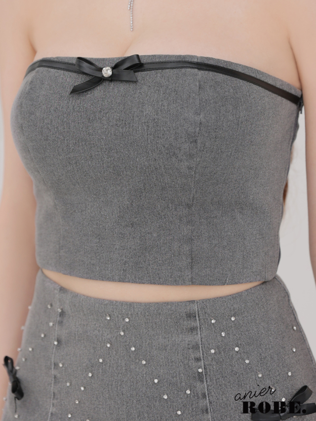 【XSサイズあり】Leather ribbon denim bare setup mini dress (anier4048)
