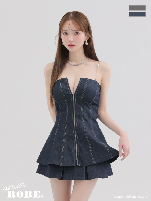 ★予約商品★【4月下旬入荷予定】【XSサイズあり】Denim center zip flare setup mini dress (anier4050)