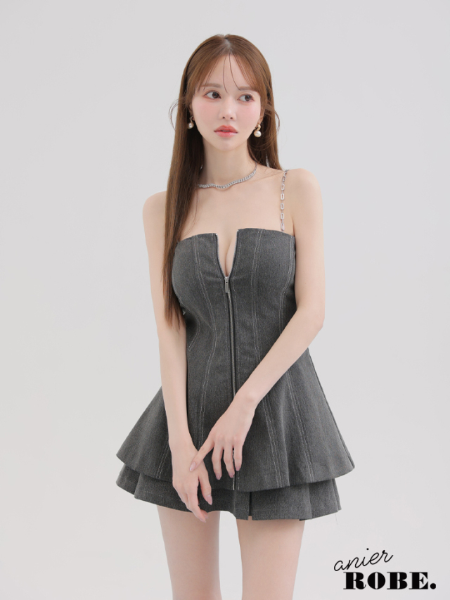 ★予約商品★【4月下旬入荷予定】【XSサイズあり】Denim center zip flare setup mini dress (anier4050)