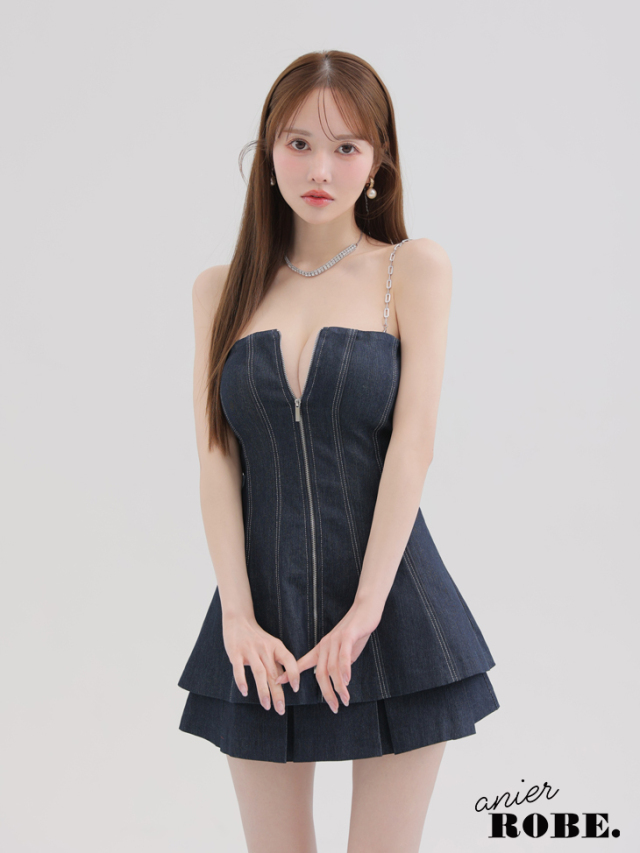 ★予約商品★【4月下旬入荷予定】【XSサイズあり】Denim center zip flare setup mini dress (anier4050)