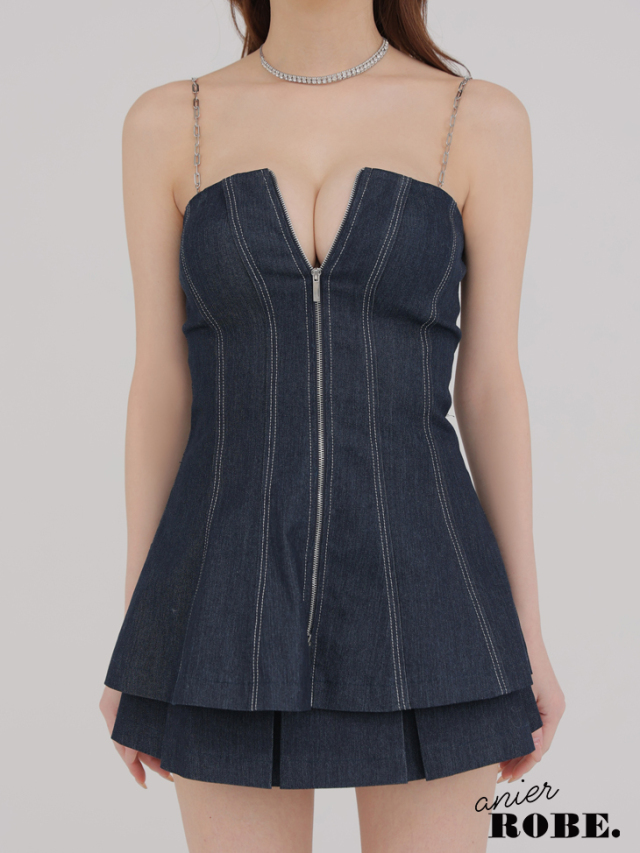 ★予約商品★【4月下旬入荷予定】【XSサイズあり】Denim center zip flare setup mini dress (anier4050)