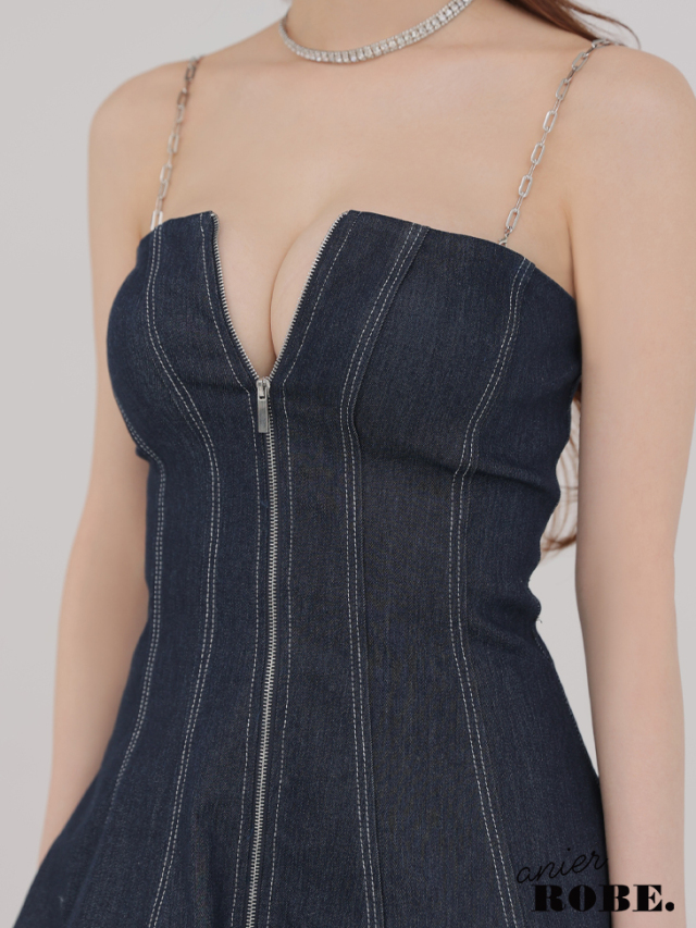★予約商品★【4月下旬入荷予定】【XSサイズあり】Denim center zip flare setup mini dress (anier4050)