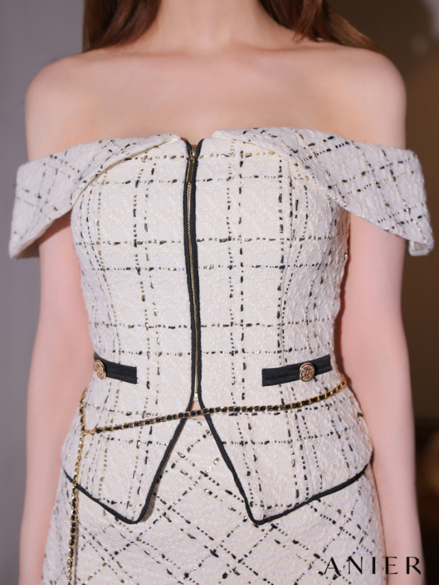 XSサイズあり】 Tweed off-the-shoulder waist-cut bunny