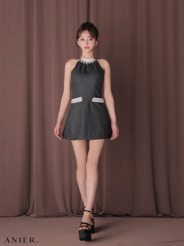 Glitter flannel halter pearl mini dress (anier4057)