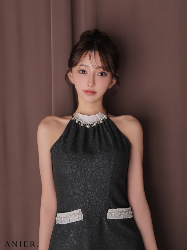 Glitter flannel halter pearl mini dress (anier4057)