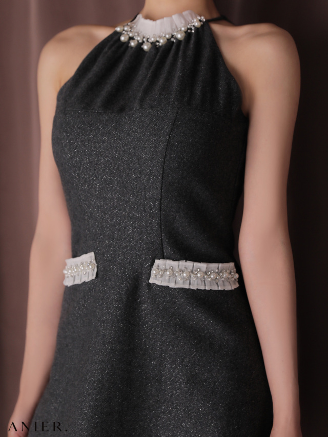 Glitter flannel halter pearl mini dress (anier4057)