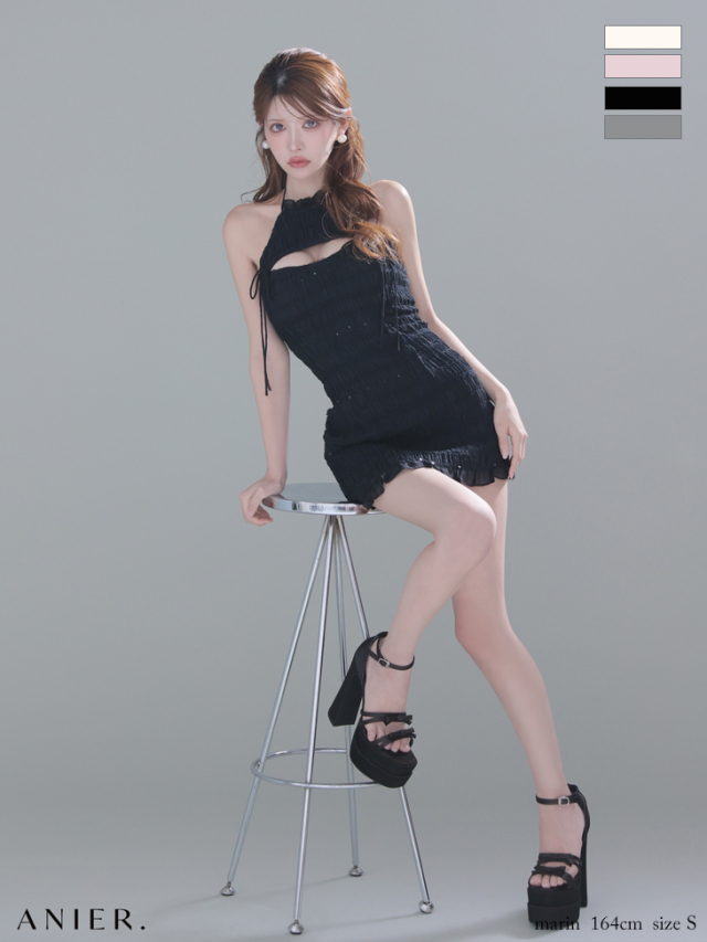 XSサイズあり】Chiffon american sleeve bust cutout tight mini dress