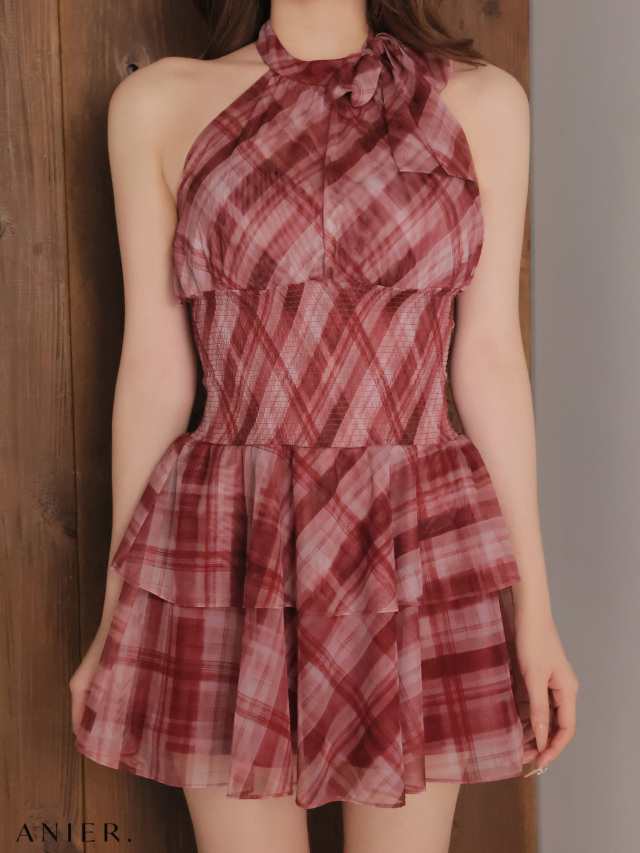 XSサイズあり】 Sheer check tiered mini dress（anier4064）