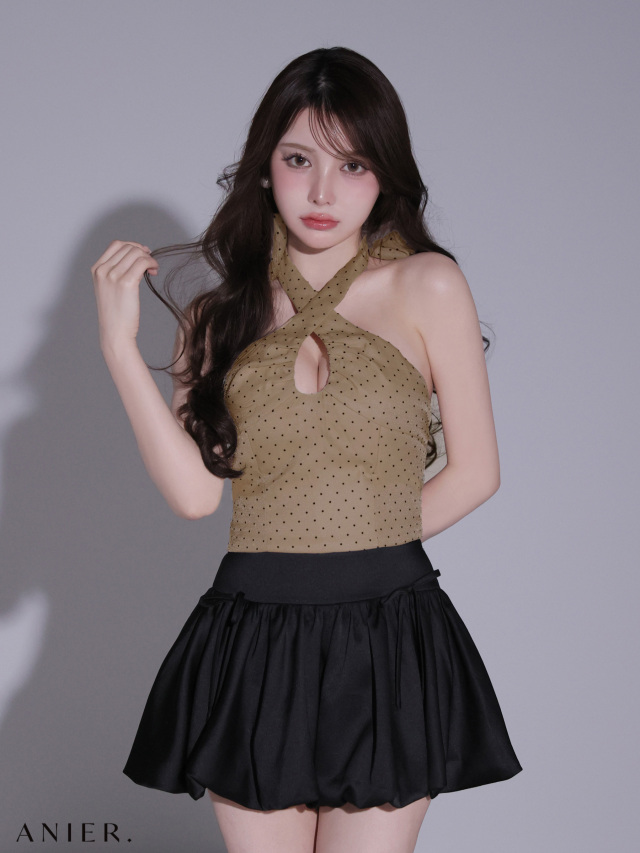 XSサイズあり】 Dot organdy×balloon skirt two-piece mini dress