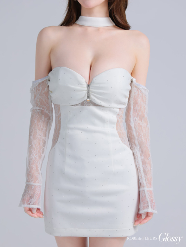 お値下げ対応可♡ ROBEdeFLEURSレースベアチョーカータイトミニドレス XSサイズあり】袖取り外し可能♡レースベアチョーカータイトミニ