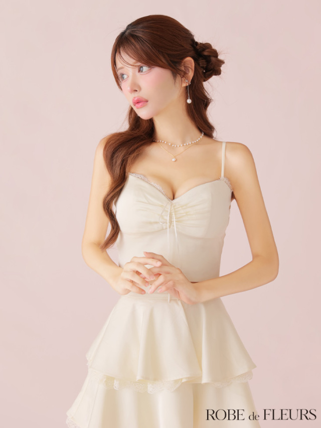 ROBE de FLEURS ツーピースキャバドレス XS～Lサイズあり】立体フラワーモチーフ×片サイドチュール切替