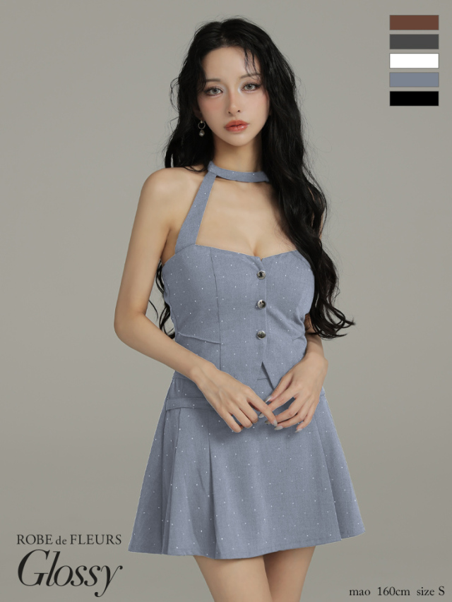 ROBE de FLEURS セットアップフレアミニドレス S XSサイズあり】フェザーレースミニリボンセットアップミニキャバ