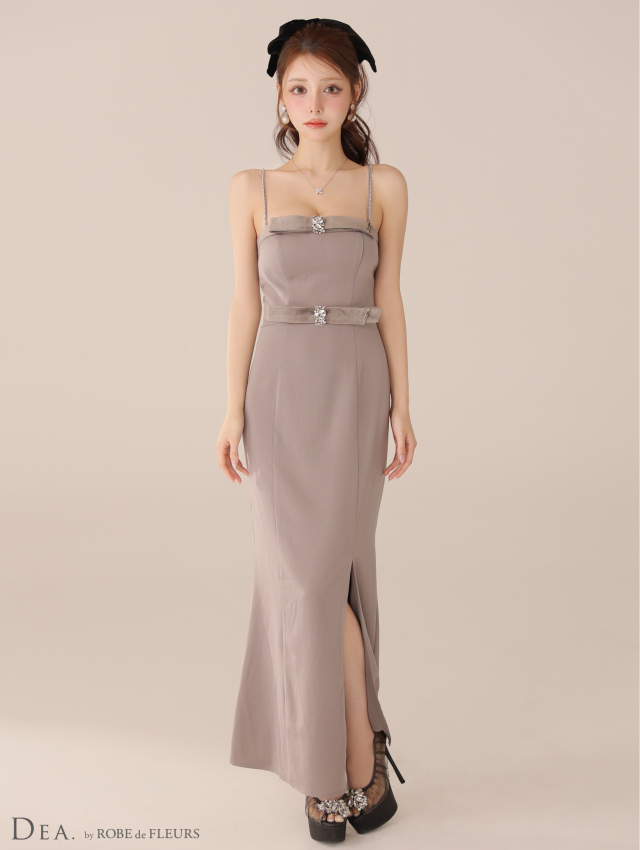 Lサイズあり】サテンベロアスリットロングキャミキャバドレス(DE4118)