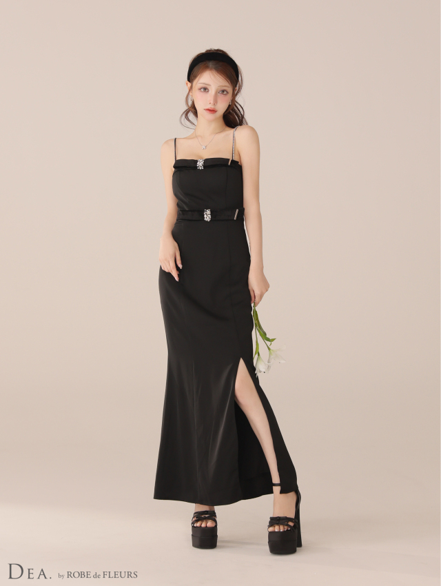 Lサイズあり】サテンベロアスリットロングキャミキャバドレス(DE4118)