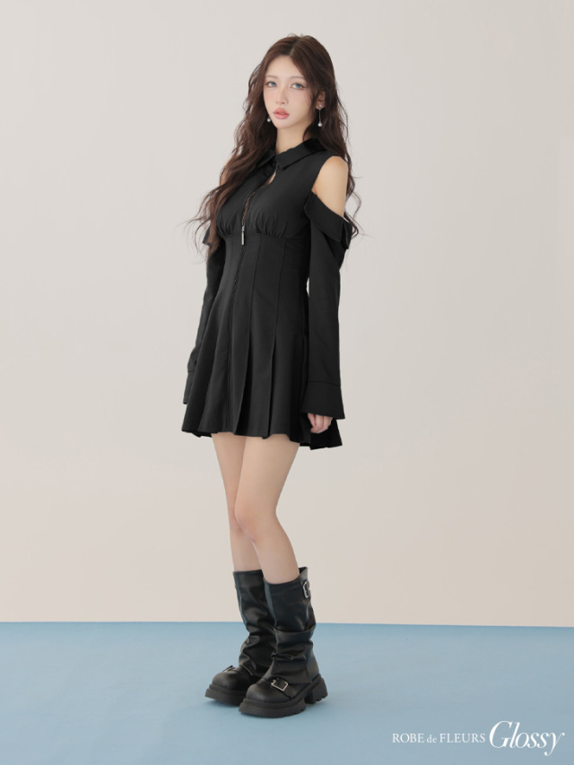 ROBE de FLEURS ブラックオフショルダーミニドレス XSサイズあり】オフショルダーカットデザインフレアミニキャバドレス