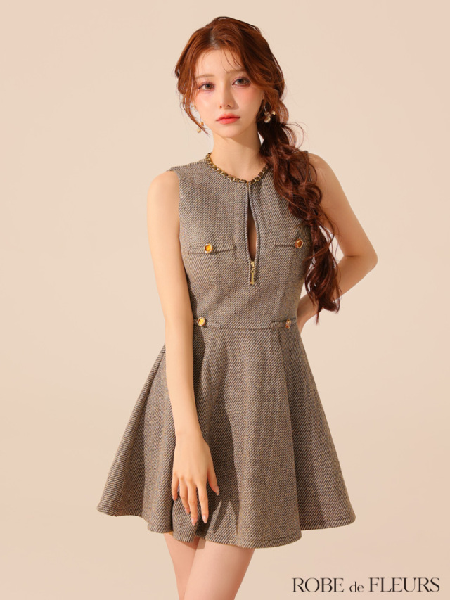 マリー様 リクエスト 3点 まとめ商品 XS～Lサイズあり】ゴールドボタンラメツイードフレアミニキャバドレス