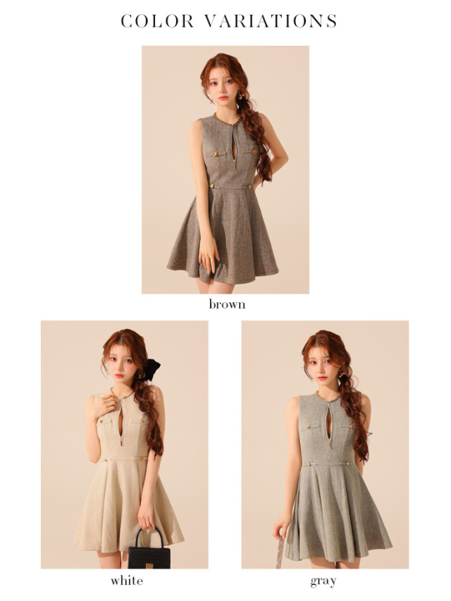 XS～Lサイズあり】ゴールドボタンラメツイードフレアミニキャバドレス