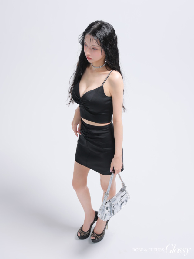 ROBE de FLEURS Glossy サテンリボン セットアップ XS～Lサイズあり】2way♥バストカットサテンリボンフレア