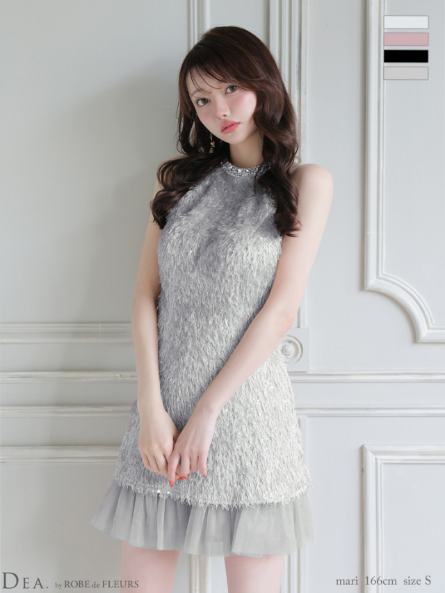 XSサイズあり】スパンコールフリンジハイネックフレアミニキャバドレス