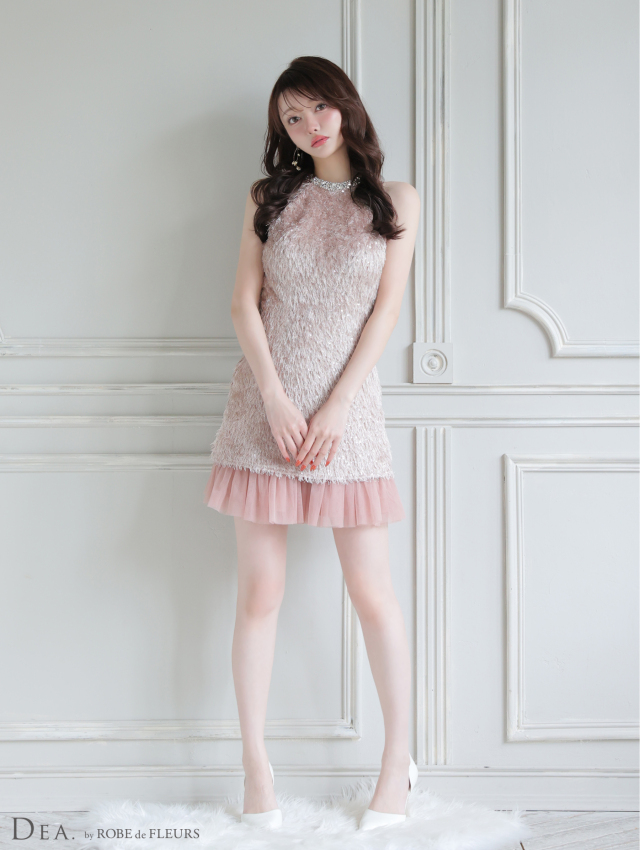 XSサイズあり】スパンコールフリンジハイネックフレアミニキャバドレス