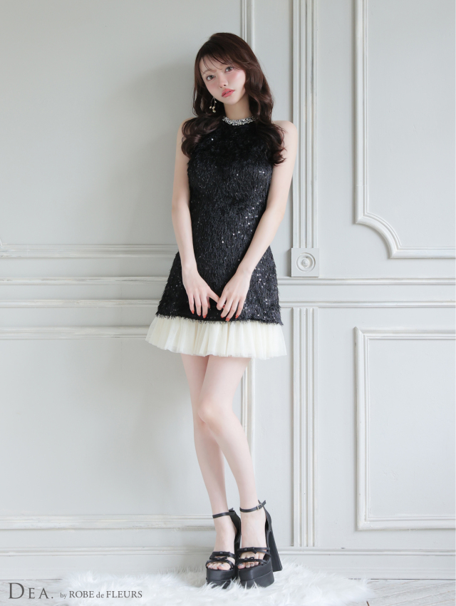 キャバドレス ハイネック ホワイト ブラック ANDY/アンディ】ホルターネック/ バスト切り替え/ フロントジップ