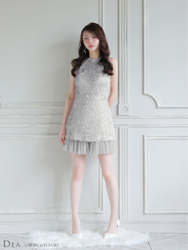 XSサイズあり】スパンコールフリンジハイネックフレアミニキャバドレス