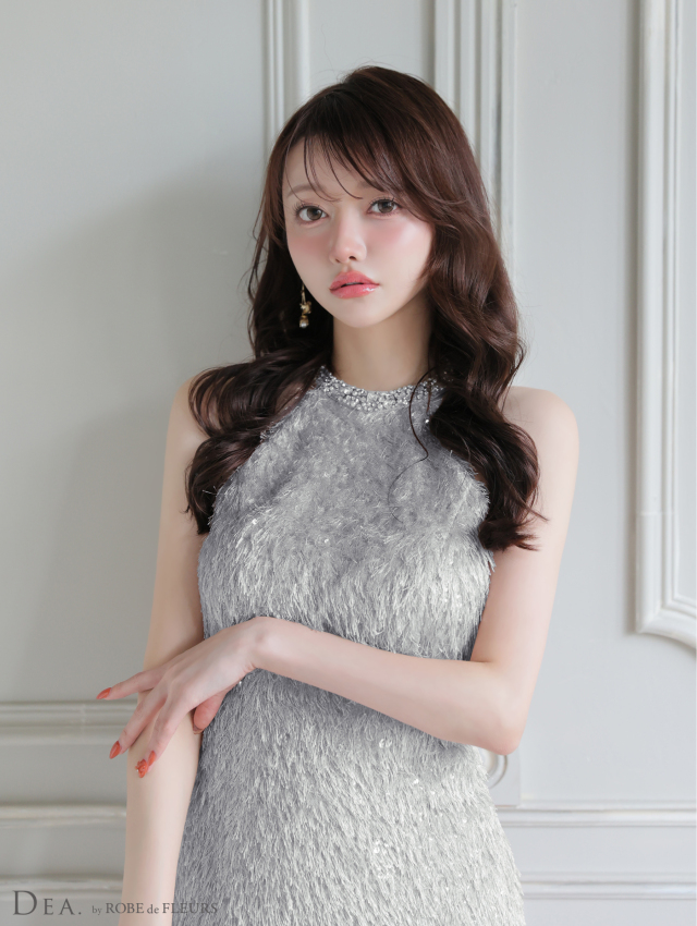 XSサイズあり】スパンコールフリンジハイネックフレアミニキャバドレス