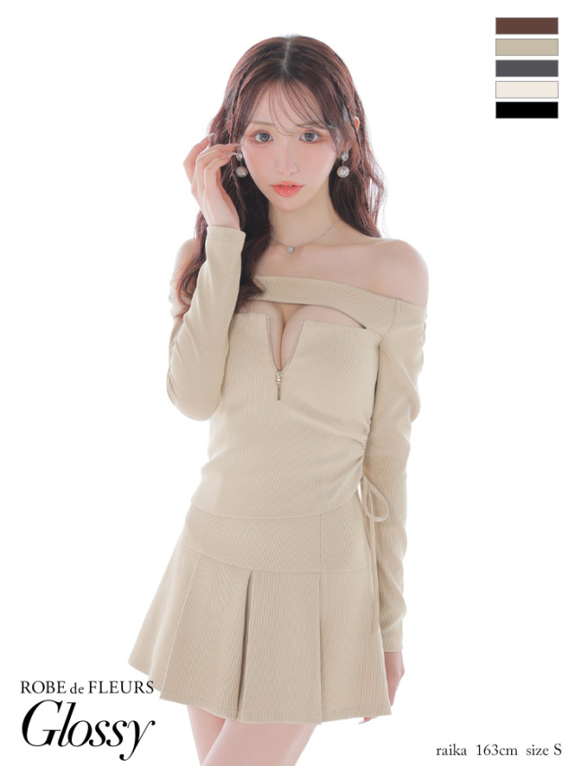 XSサイズあり】オフショルダーロングスリーブバストカットフレアミニ