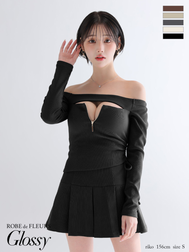 XSサイズあり】オフショルダーロングスリーブバストカットフレアミニ