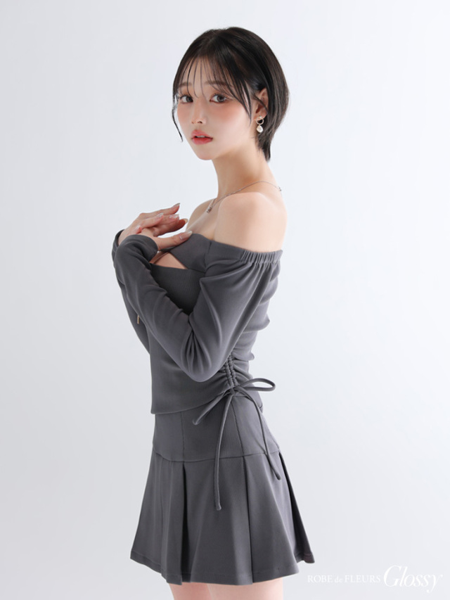 XSサイズあり】オフショルダーロングスリーブバストカットフレアミニ