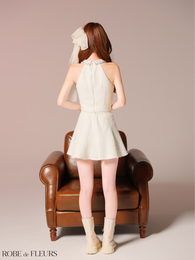 XS～Lサイズあり】フラワーレースホルターネックフレアミニキャバ