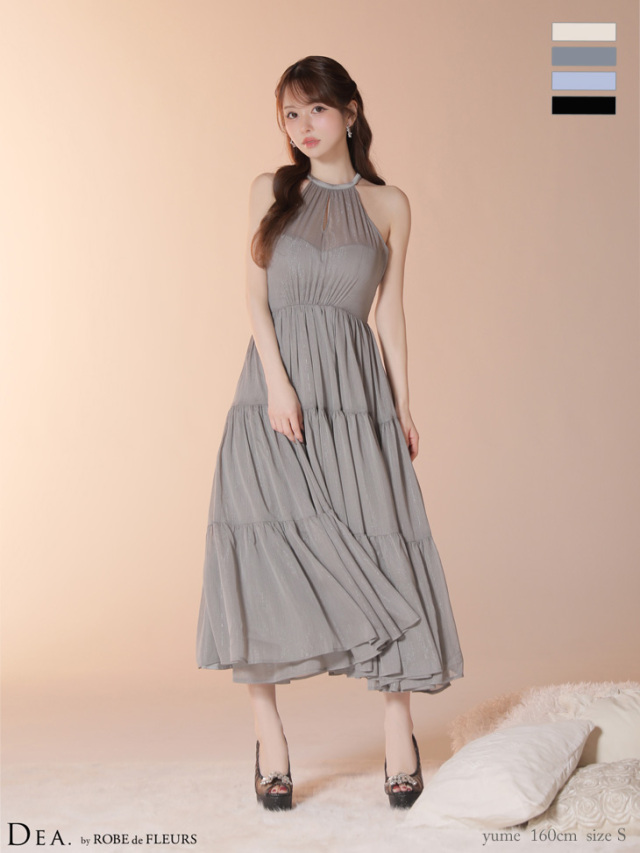 Lサイズあり】ラメシフォンホルターネックティアードロングドレス (DE4145)