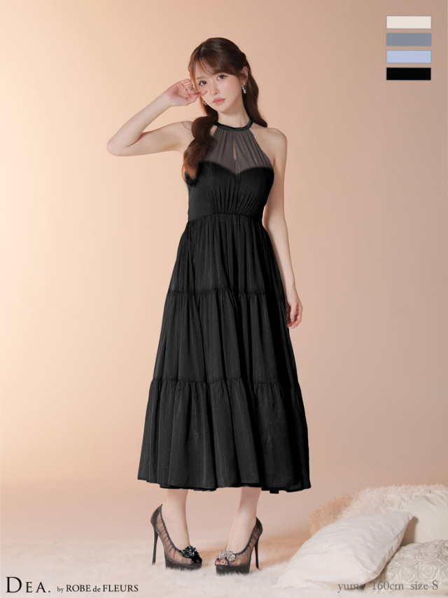 Lサイズあり】ラメシフォンホルターネックティアードロングドレス (DE4145)