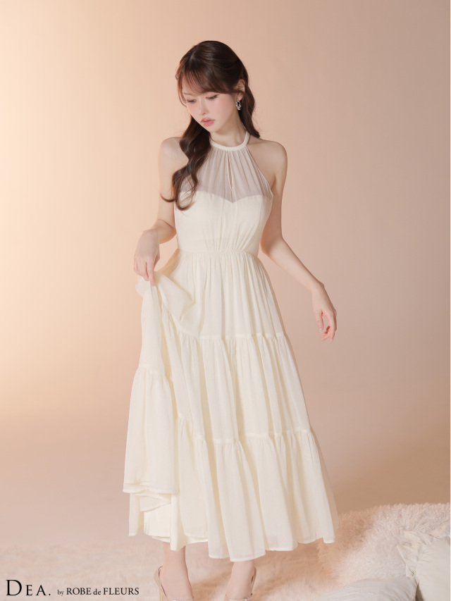 Lサイズあり】ラメシフォンホルターネックティアードロングドレス (DE4145)