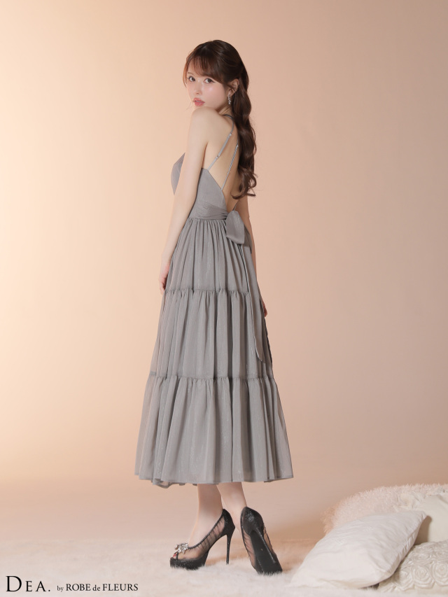 Lサイズあり】ラメシフォンホルターネックティアードロングドレス (DE4145)