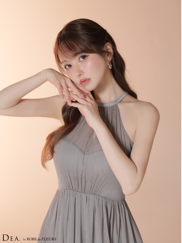 Lサイズあり】ラメシフォンホルターネックティアードロングドレス (DE4145)