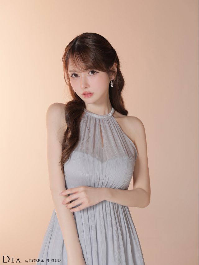 Lサイズあり】ラメシフォンホルターネックティアードロングドレス (DE4145)